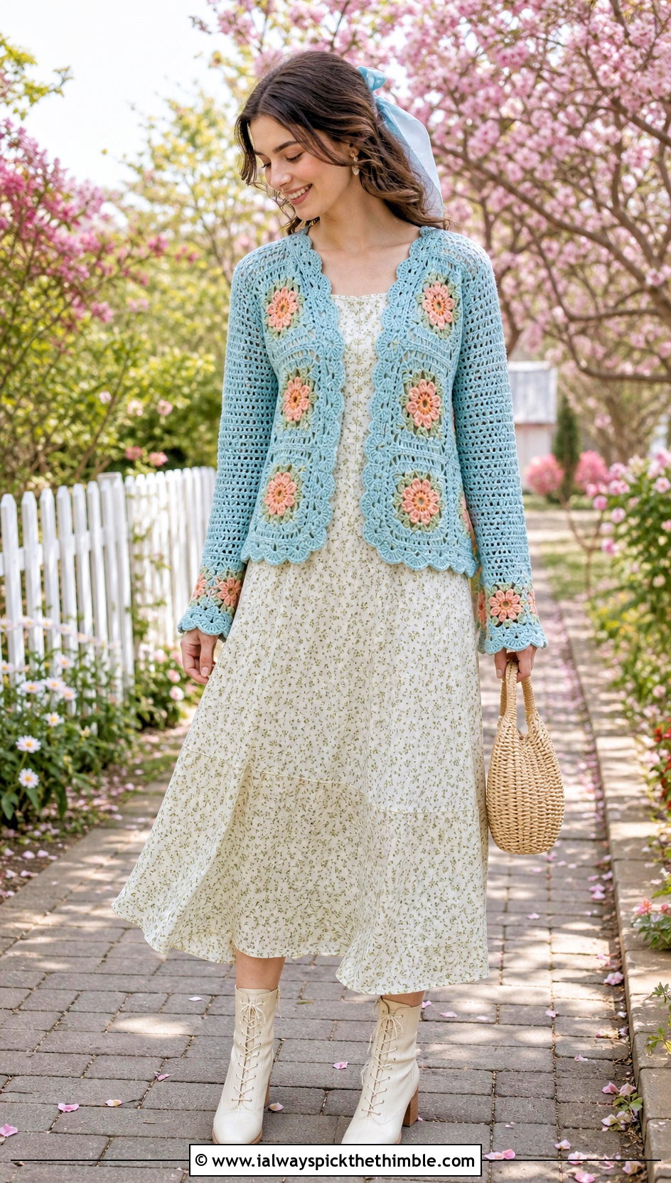 Makomo Scalloped Crochet Cardigan With Floral Dress - 25 Demon Slayer Crochet Cardigan outfit ideas