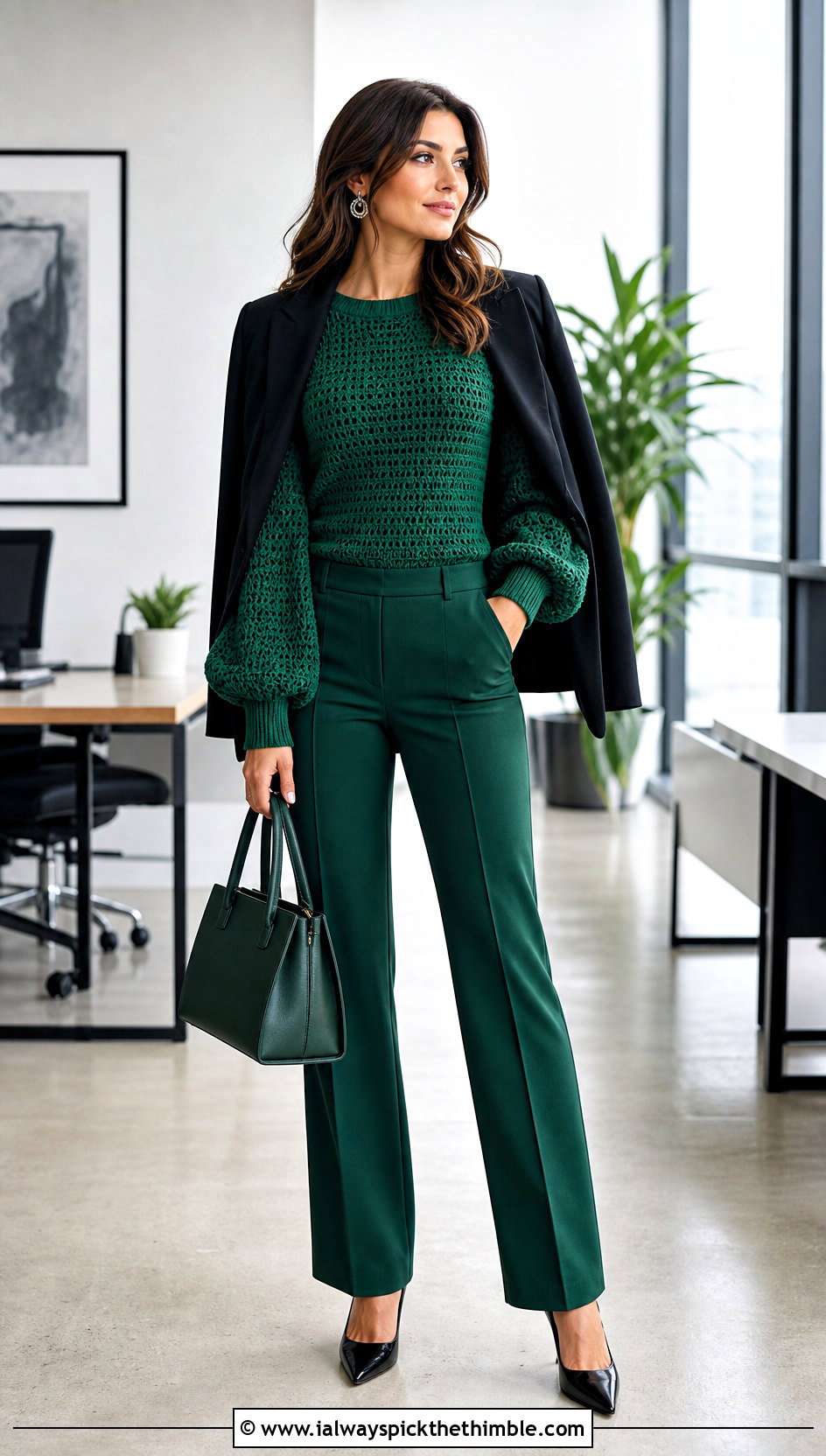 Malachite Balloon Sleeve Crochet Jumper With A Black Suit - 20 green crochet jumper outfit ideas