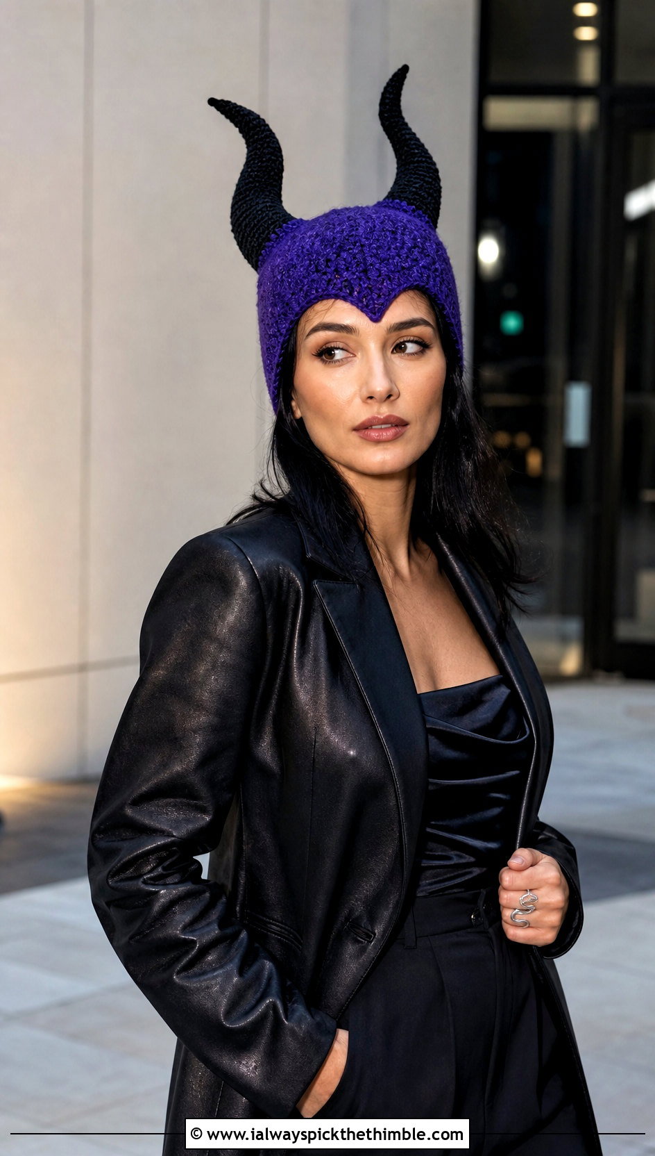 Maleficent Horned Beanie With Leather Blazer - 20 disney crochet hat outfit ideas