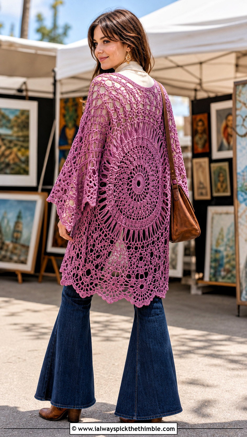 Mandala Back Crochet Kimono With Flared Jeans - 25 crochet kimono outfit ideas