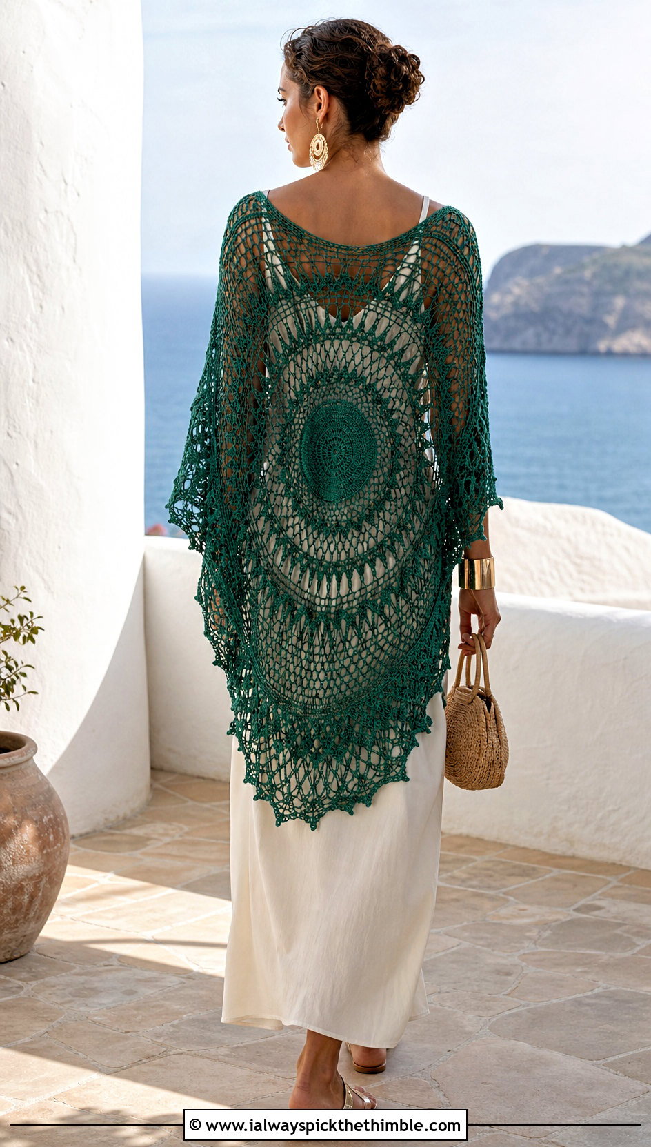Mandala Back Crochet Ruana With Maxi Dress - 25 crochet ruana outfit ideas