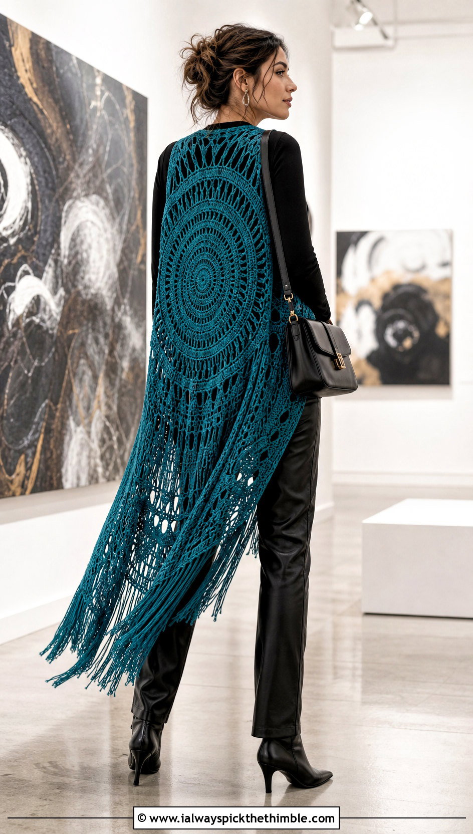Mandala Back Crochet Vest With Leather Pants - 15 long crochet vest with fringe outfit ideas