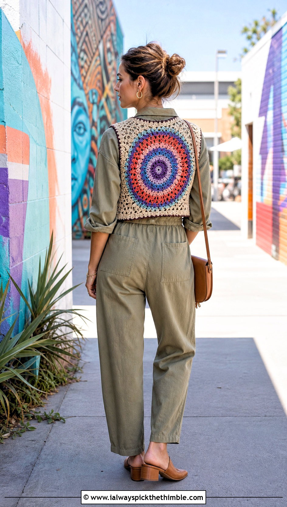 Mandala Back Crochet Vest With Simple Jumpsuit - 25 crochet vests outfit ideas