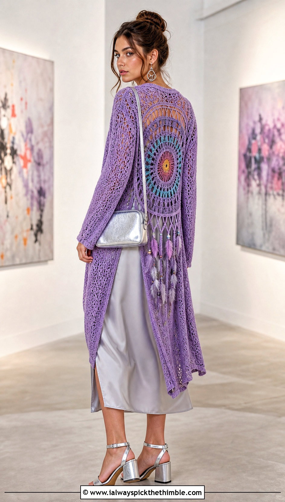 Mandala Back Dream Catcher Cardigan With Satin Slip Dress - 20 dream catcher crochet cardigan outfit ideas
