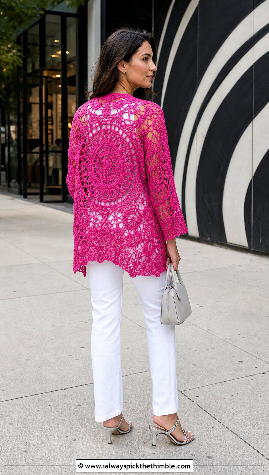 Mandala Back Lace Cardigan With Monochrome Basics - 25 crochet lace cardigan outfit ideas