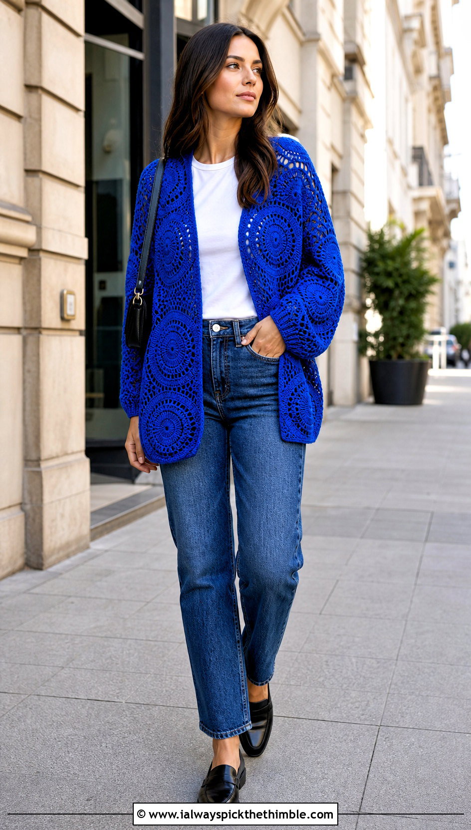 Mandala Circle Cardigan With Straight Leg Jeans - 20 crochet circle cardigan outfit ideas
