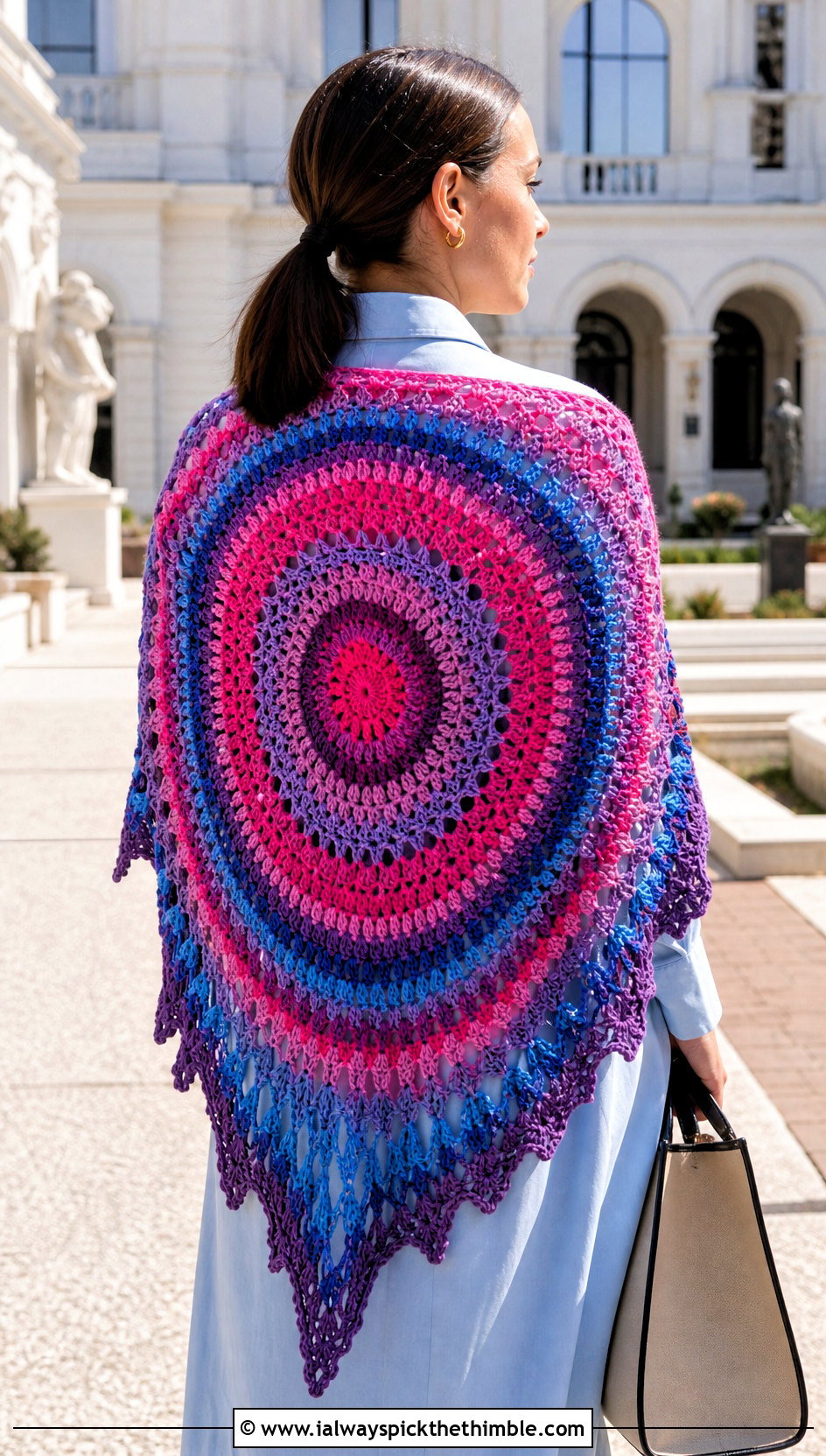 Mandala Circle Crochet Boho Shawl With Shirt Dress - 20 crochet boho shawl outfit ideas