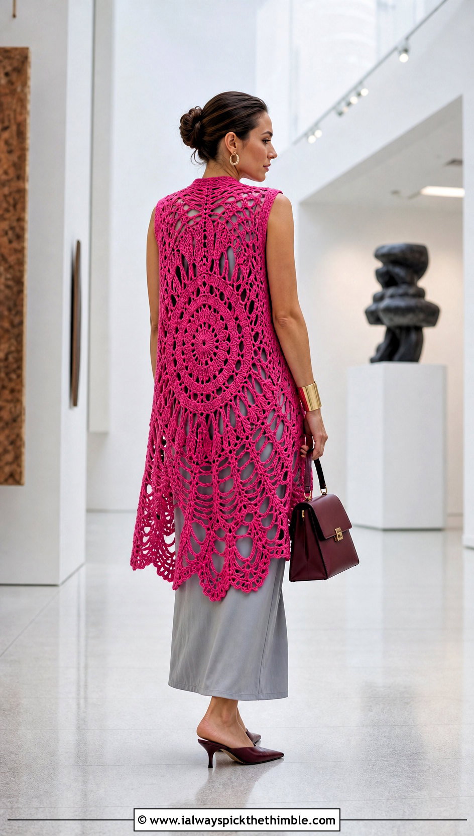 Mandala Circle Crochet Duster Vest With Column Dress - 20 crochet duster vest outfit ideas