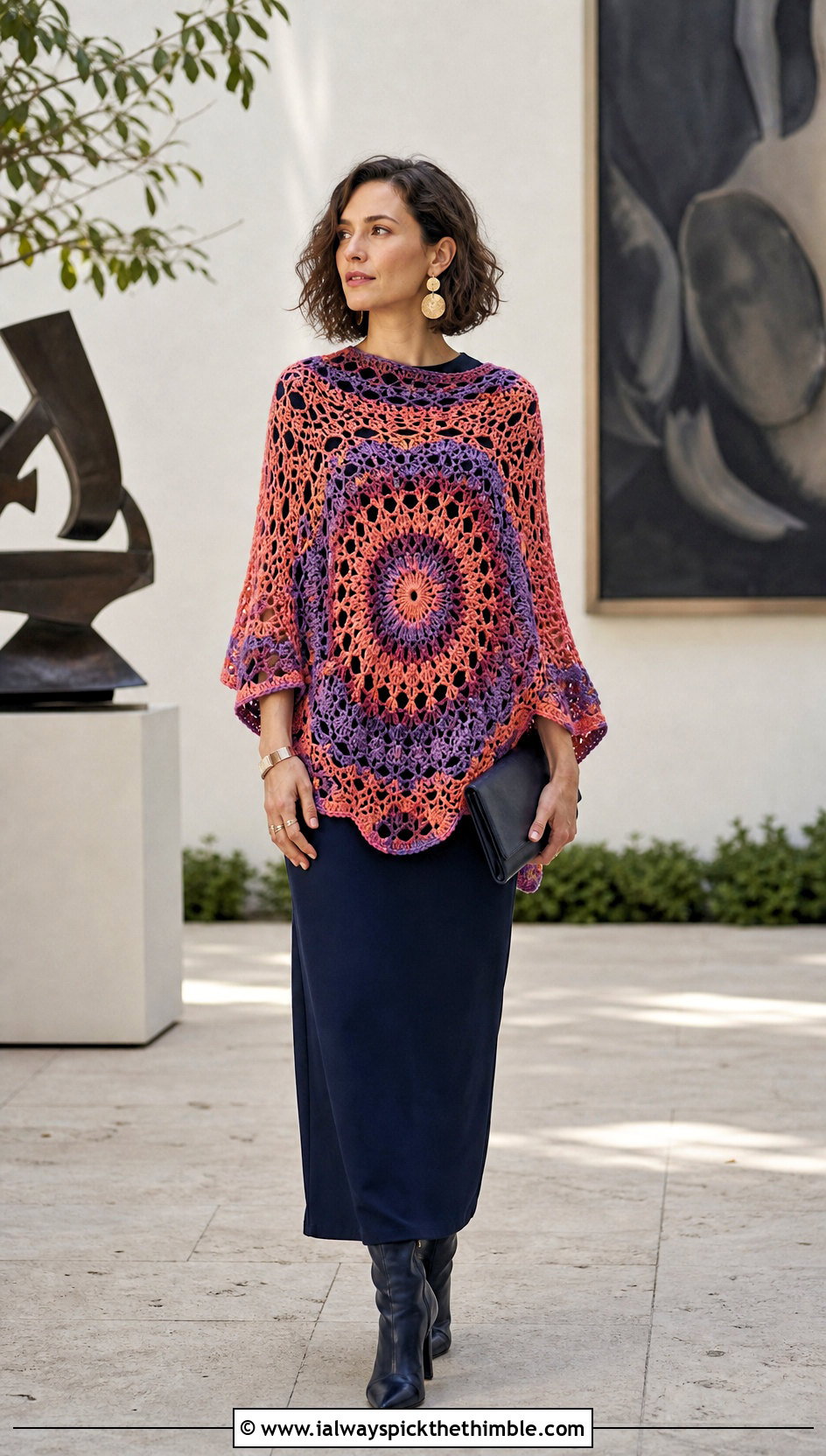 Mandala Circle Crochet Poncho With Maxi Dress - 25 crochet poncho woman outfit ideas