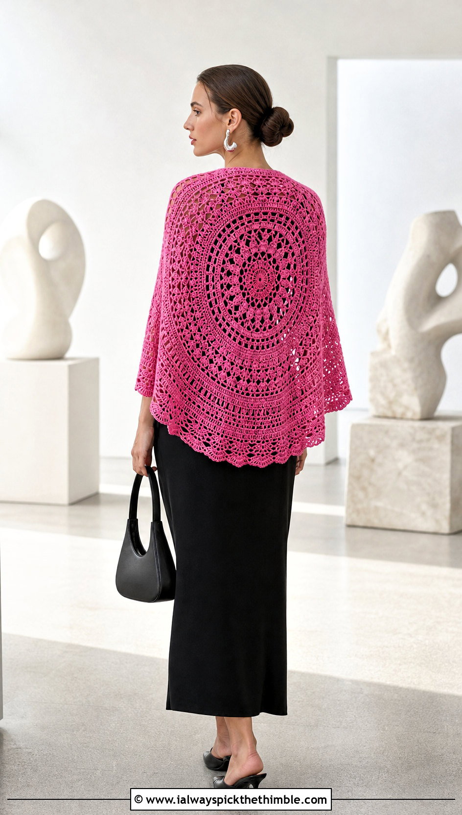 Mandala Circle Crochet Shawl With Black Column Dress - 20 Circle Crochet Shawl outfit ideas