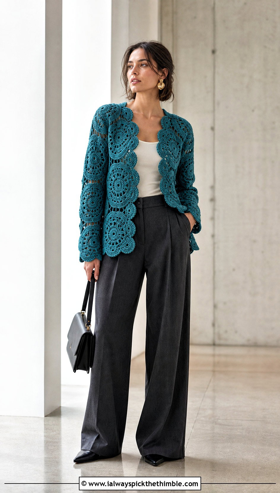 Mandala Circle Crochet Sweater With Wide Leg Trousers - 20 Circle Crochet Sweater outfit ideas