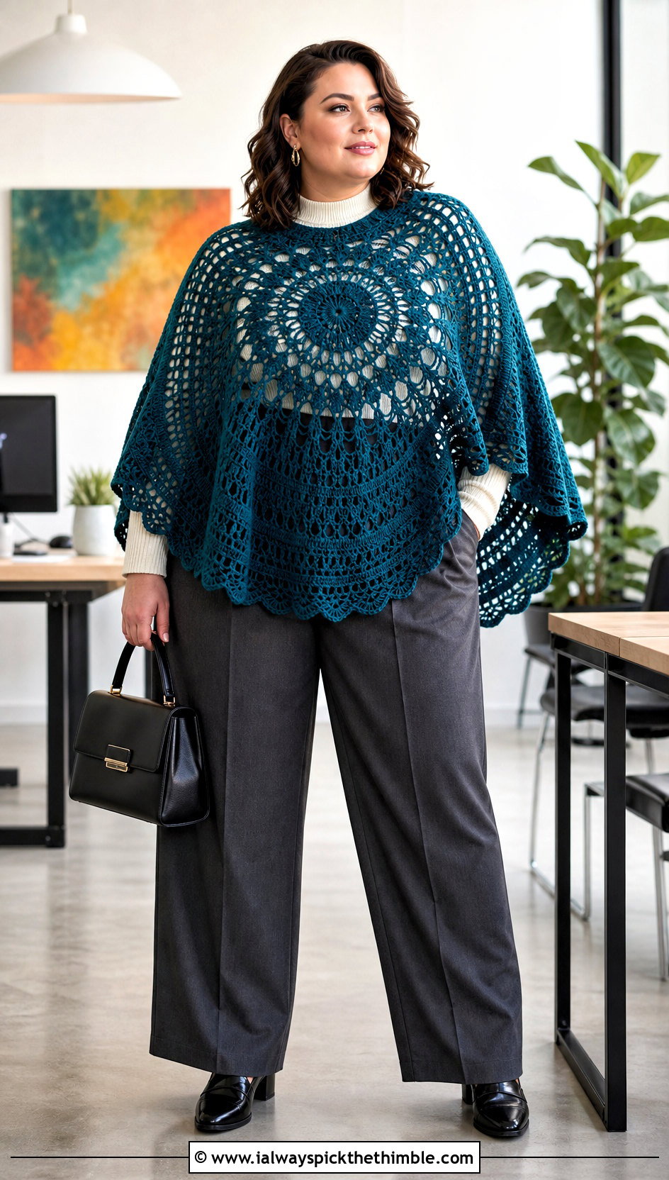Mandala Circle Poncho With Tailored Trousers - 20 Crochet Circle Poncho outfit ideas