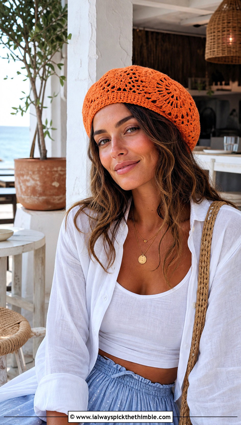 Mandala Crochet Beret With Linen Shirt And Maxi Skirt - 20 flat crochet hat outfit ideas