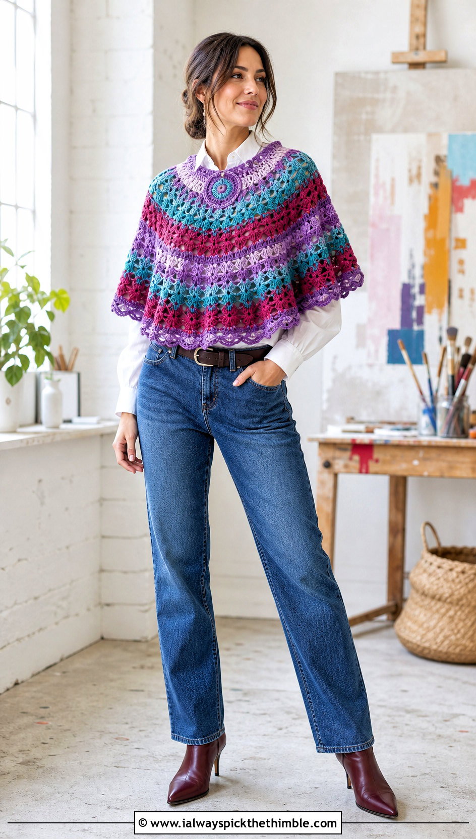Mandala Crochet Capelet With White Shirt And Jeans - 25 crochet capelet outfit ideas