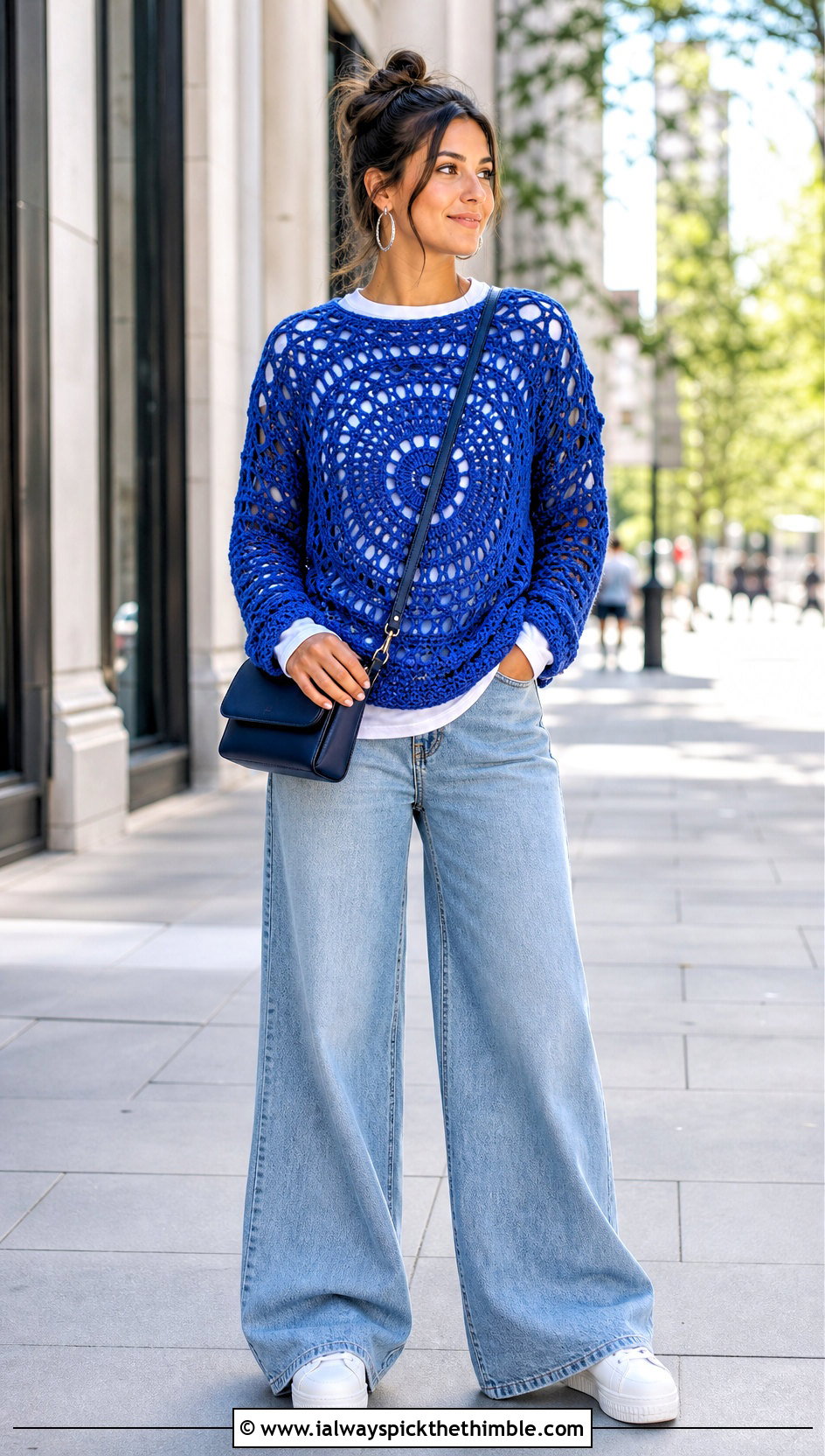 Mandala Crochet Circle Sweater With Wide Leg Jeans - 20 crochet circle sweater outfit ideas