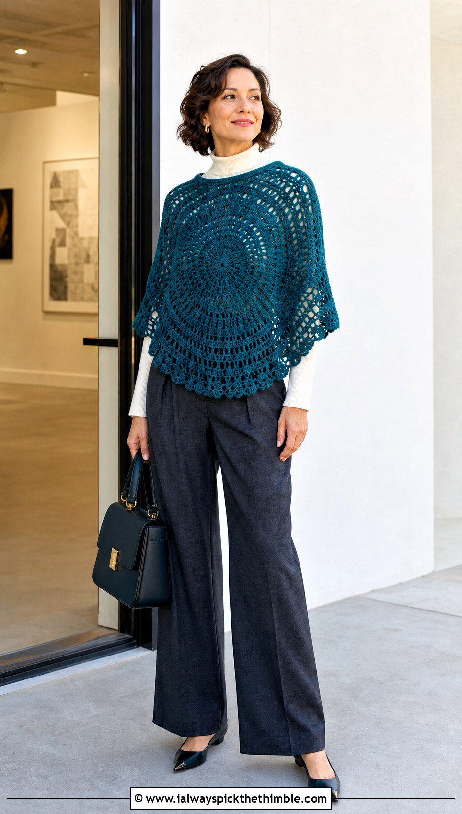 Mandala Crochet Circular Poncho With Wide Leg Trousers - 20 Crochet Circular Poncho outfit ideas