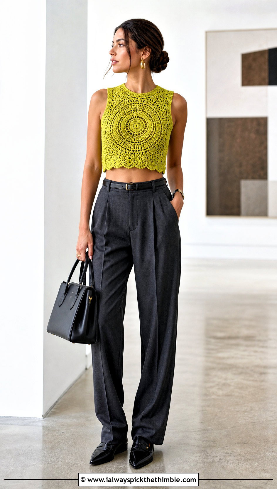 Mandala Crochet Crop Top With Tailored Trousers - 15 Once Upon A Time In Hollywood Crochet Top outfit ideas