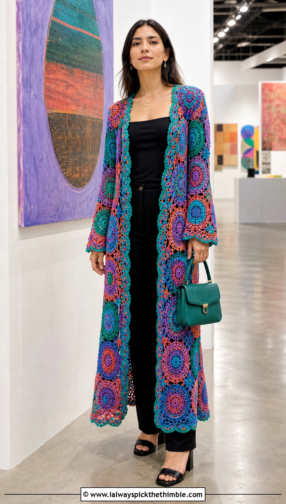Mandala Crochet Duster With Monochrome Basics - 25 crochet long jacket outfit ideas