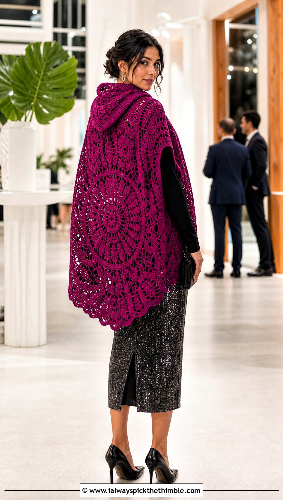 Mandala Crochet Hooded Cape With Sequin Skirt - 25 crochet hooded cape outfit ideas