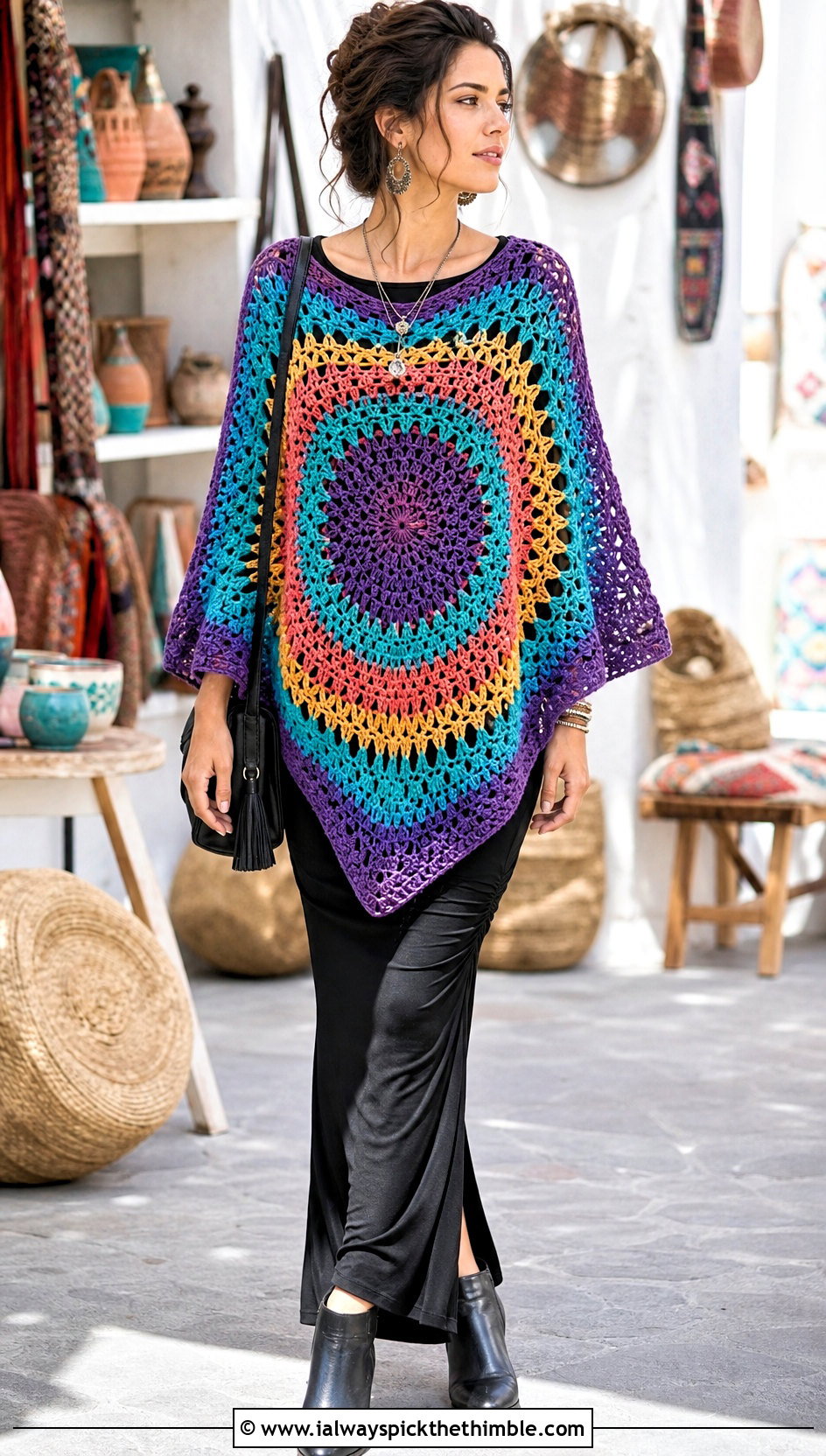 Mandala Crochet Poncho With A Maxi Skirt - 25 crochet poncho outfit ideas