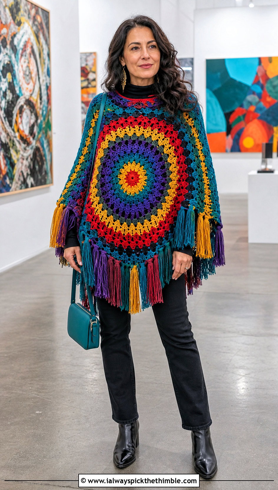 Mandala Crochet Poncho With Black Denim - 25 crochet ponchos outfit ideas
