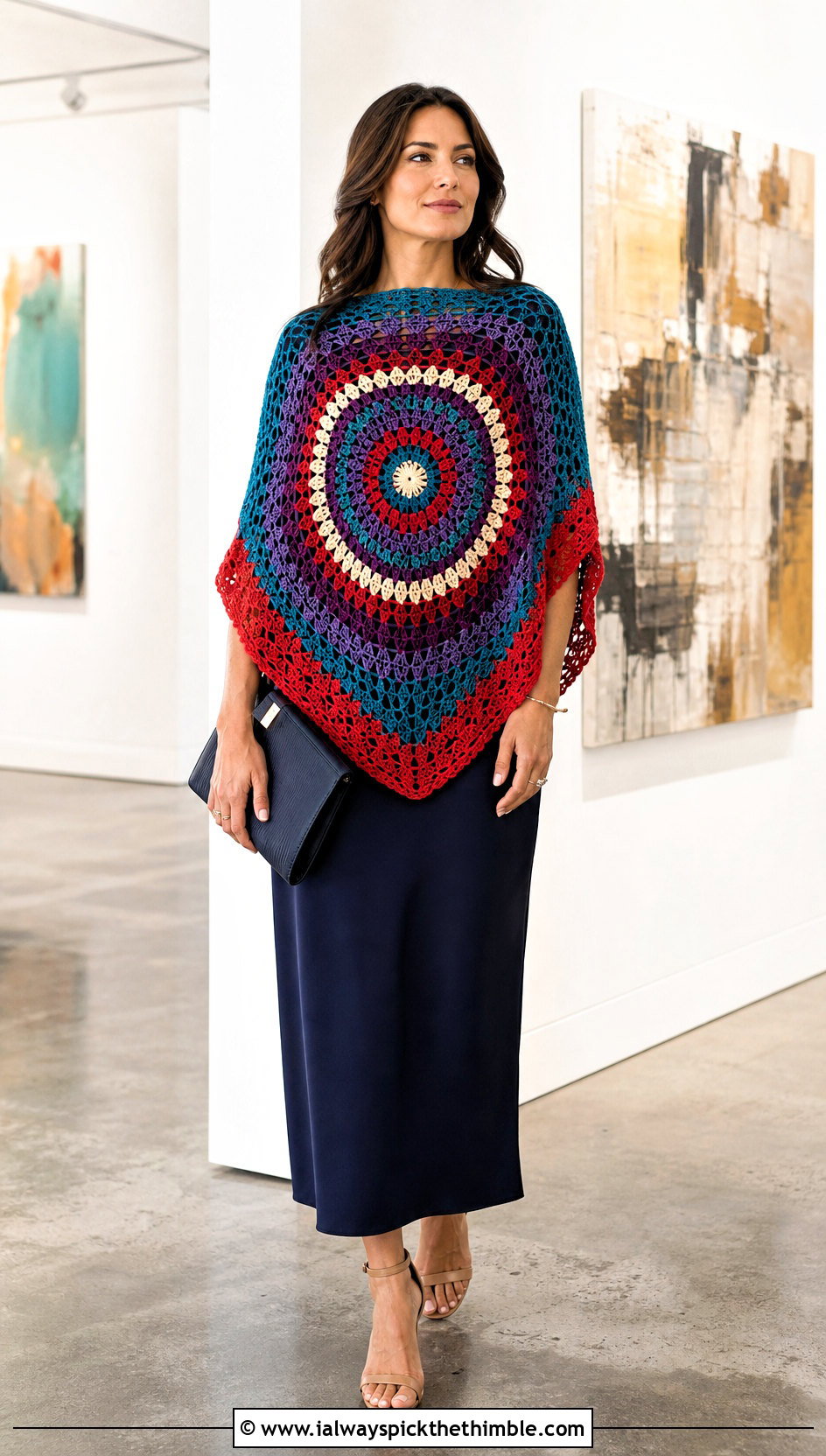 Mandala Crochet Poncho With Column Dress - 15 Modern Crochet Poncho outfit ideas