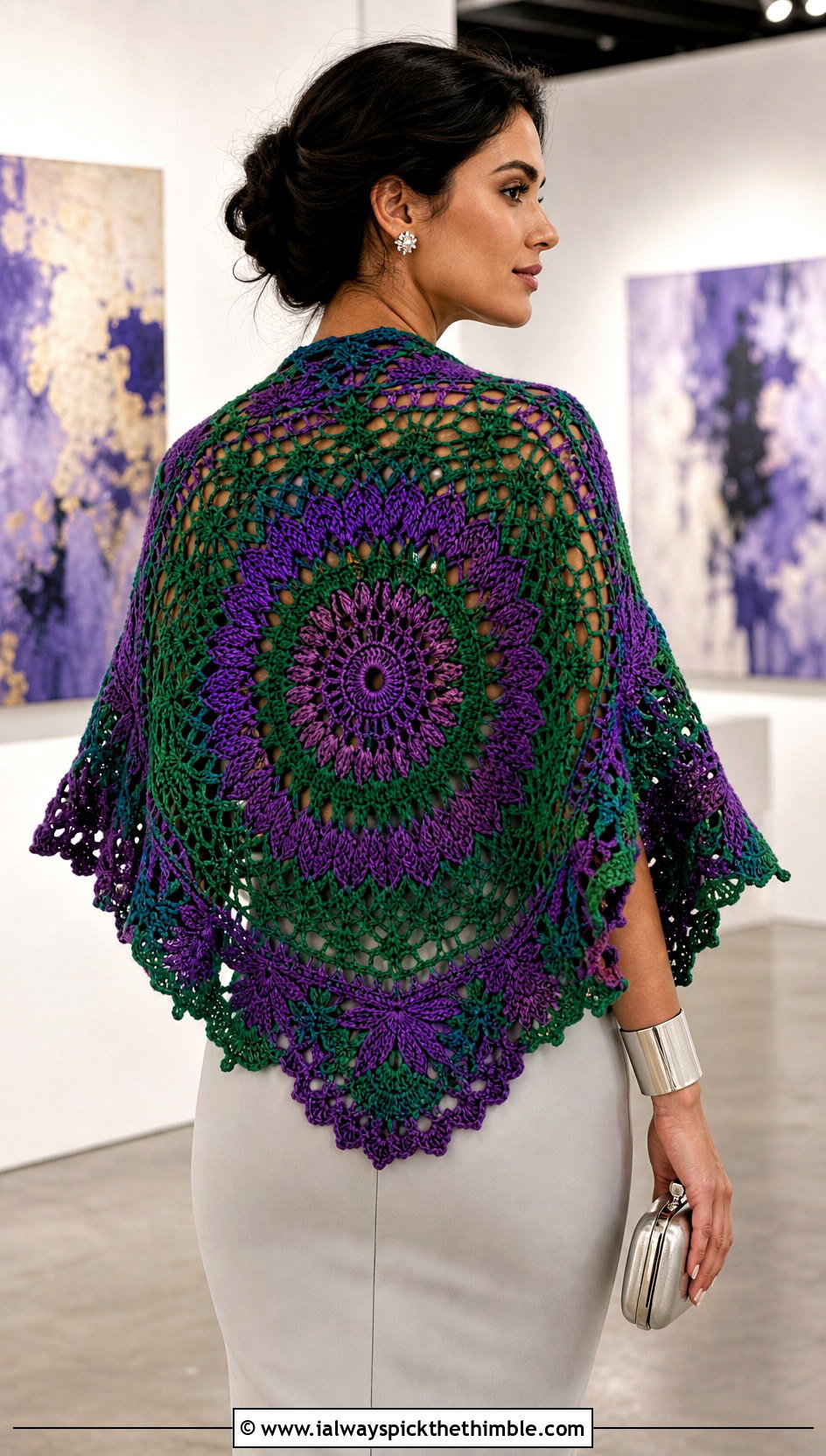 Mandala Crochet Shawl With Column Dress - 20 boho crochet shawl outfit ideas