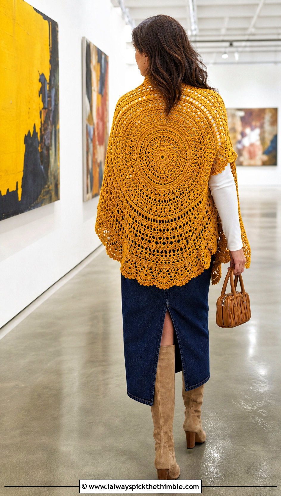 Mandala Crochet Shawl With Denim Midi Skirt And Boots - 20 Stevie Nicks Crochet Shawl outfit ideas