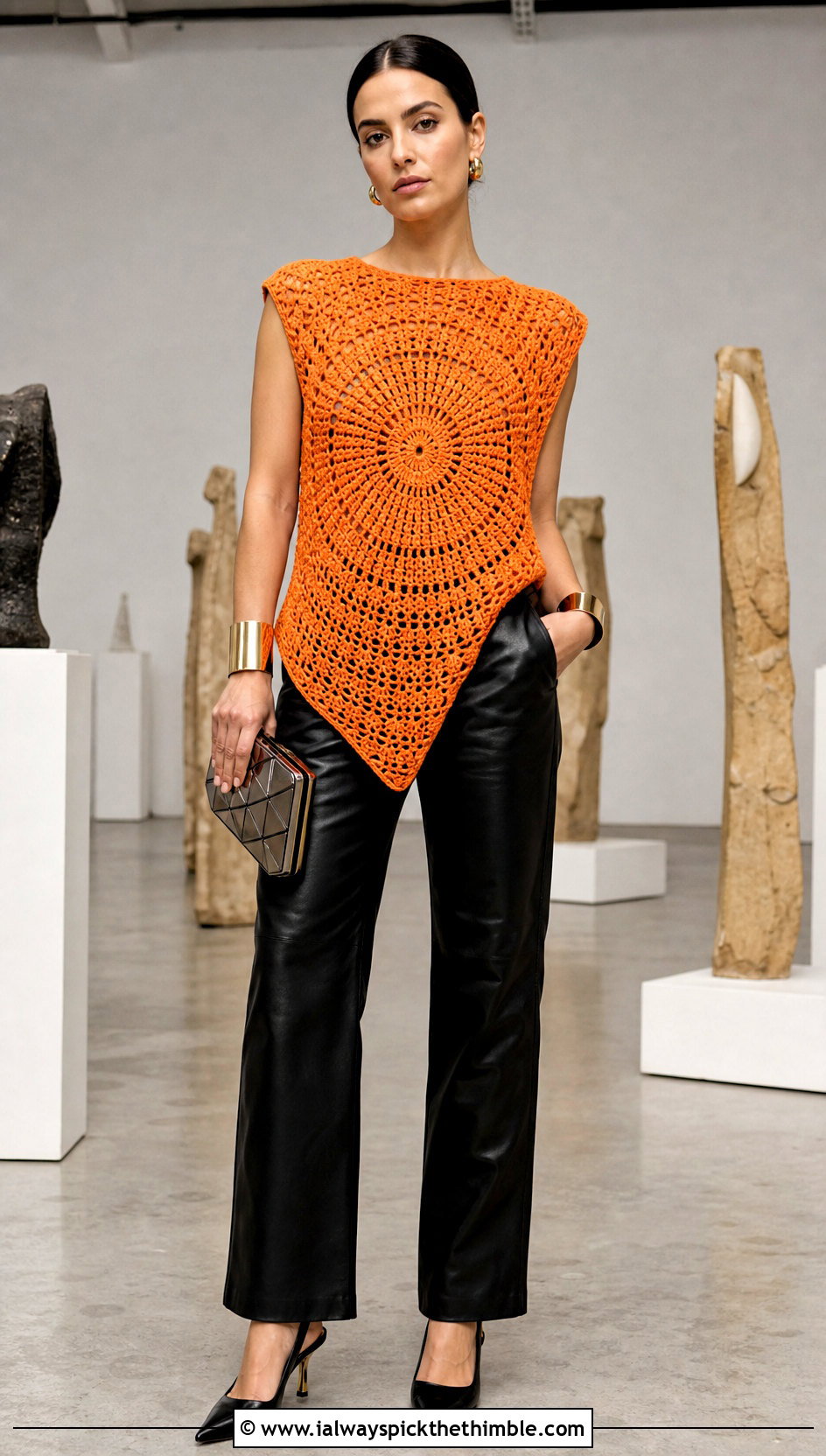 Mandala Crochet Top With Leather Pants - 20 crochet assymetrical top outfit ideas