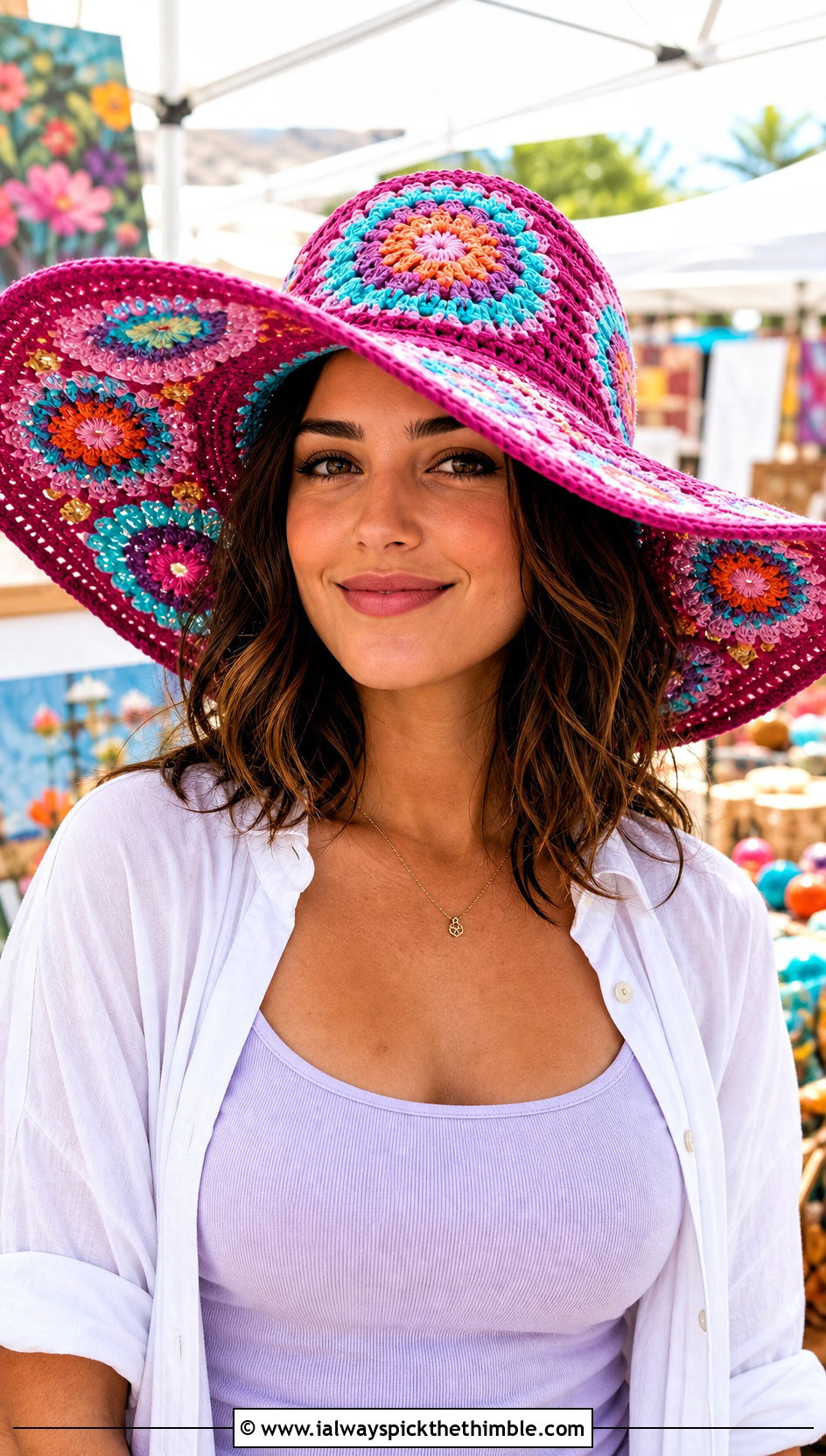 Mandala Flower Crochet Sun Hat With Maxi Skirt - 20 crochet flower hat outfit ideas