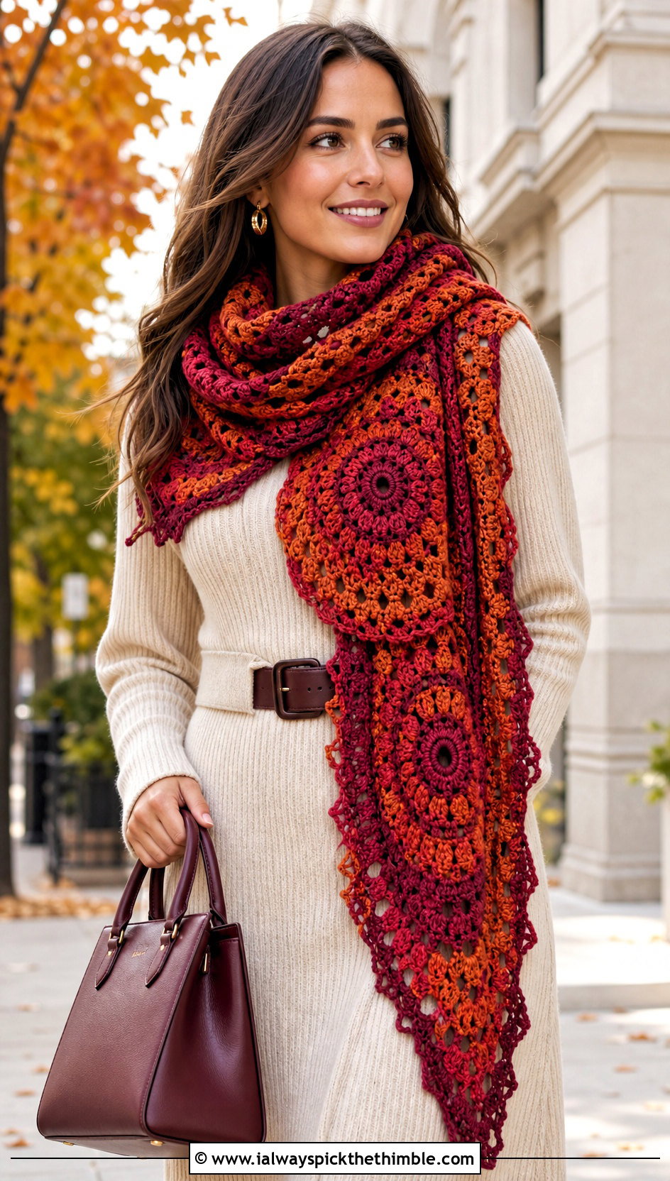 Mandala Yarn Blanket Scarf With Sweater Dress - 15 Mandala Yarn Crochet Scarf outfit ideas