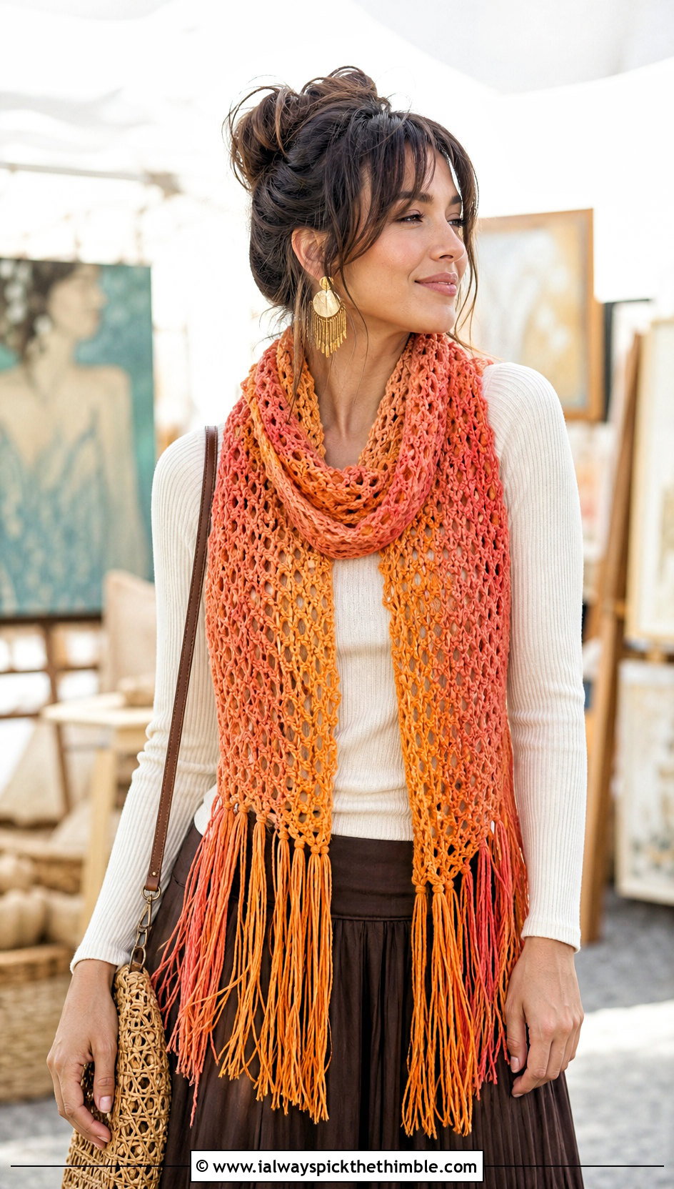Mandala Yarn Fringed Scarf With Maxi Skirt - 15 Mandala Yarn Crochet Scarf outfit ideas
