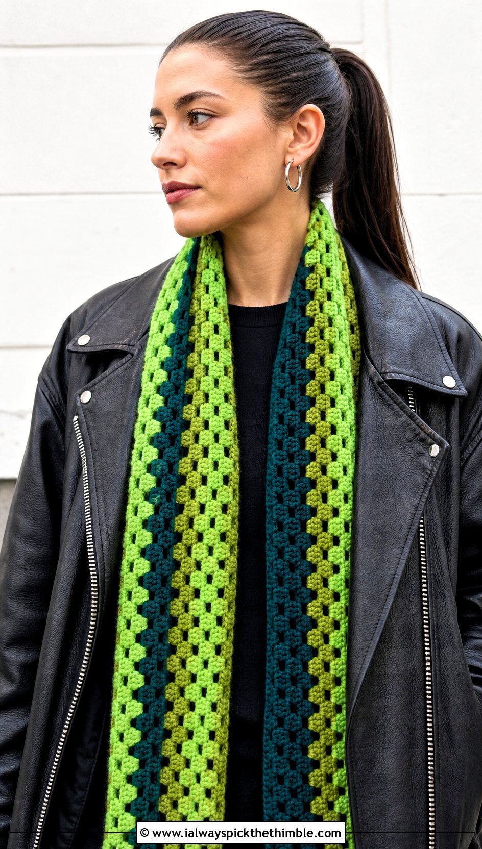 Mandala Yarn Granny Stripe Scarf With Leather Jacket - 15 Mandala Yarn Crochet Scarf outfit ideas