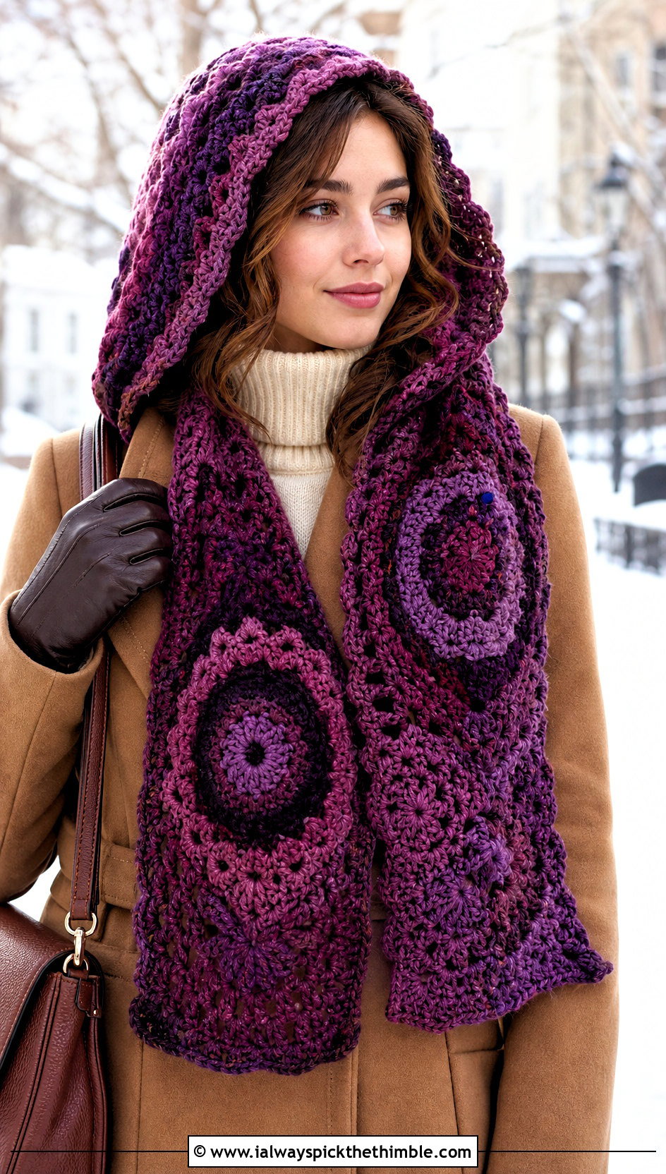 Mandala Yarn Hooded Scarf With Wool Coat - 15 Mandala Yarn Crochet Scarf outfit ideas