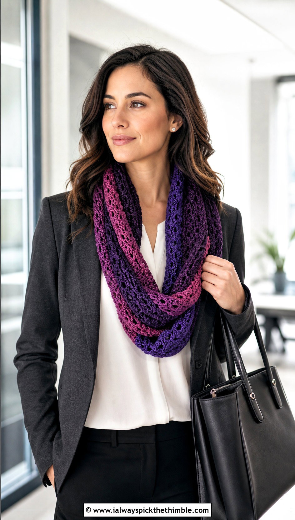 Mandala Yarn Infinity Scarf With Office Blazer - 15 Mandala Yarn Crochet Scarf outfit ideas