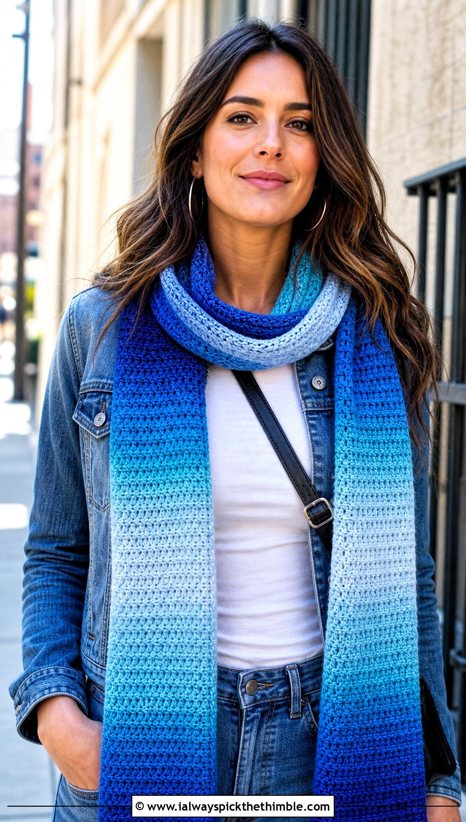 Mandala Yarn Long Gradient Scarf With Denim Jacket - 15 Mandala Yarn Crochet Scarf outfit ideas