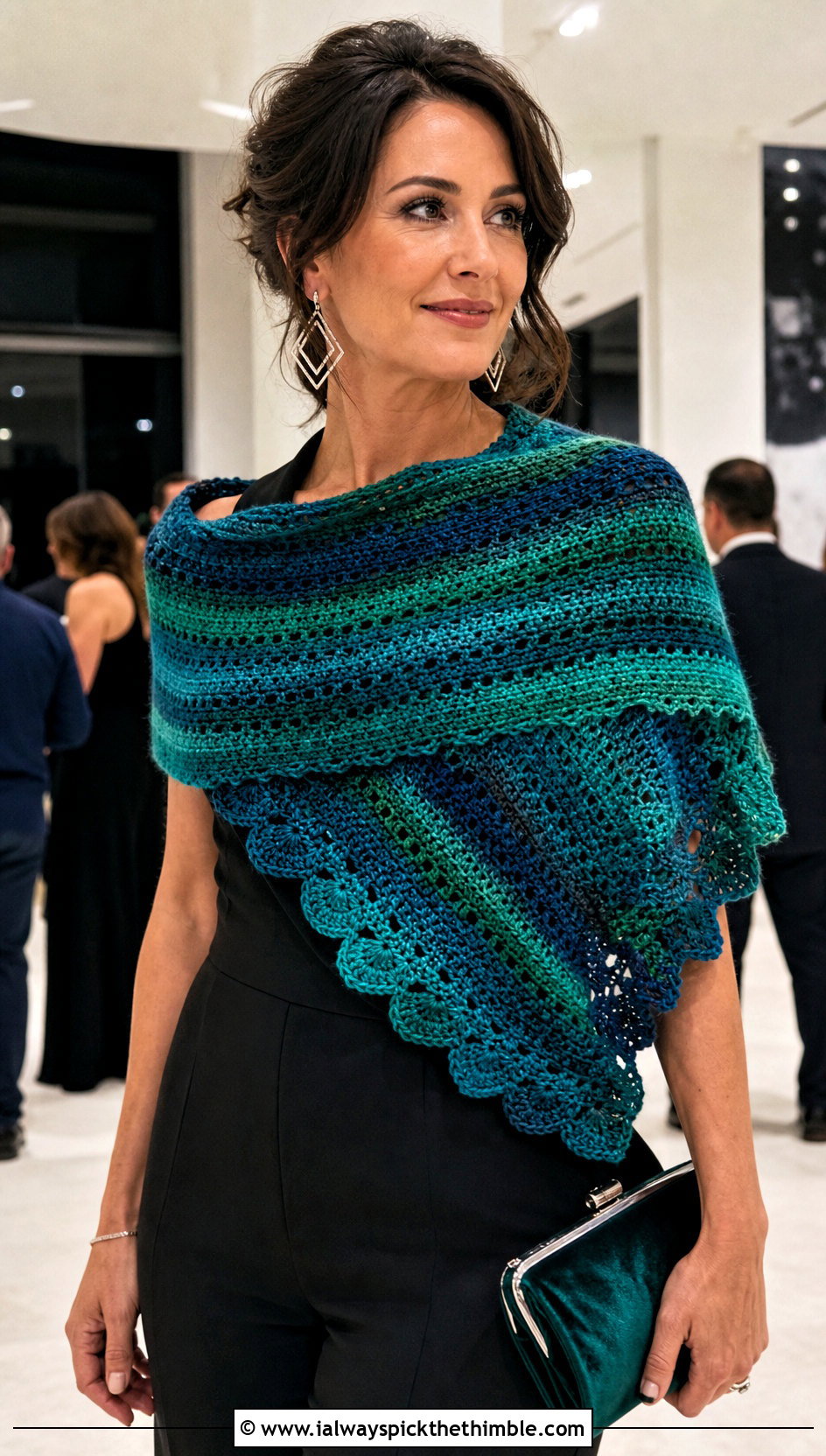 Mandala Yarn Scalloped Wrap Scarf With Jumpsuit - 15 Mandala Yarn Crochet Scarf outfit ideas