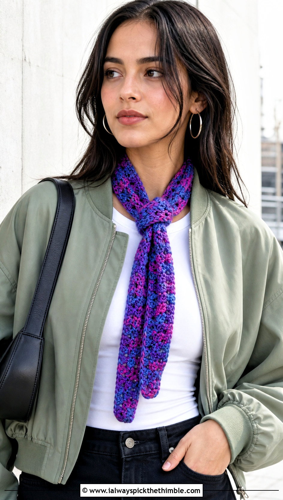 Mandala Yarn Skinny Scarf With Bomber Jacket - 15 Mandala Yarn Crochet Scarf outfit ideas