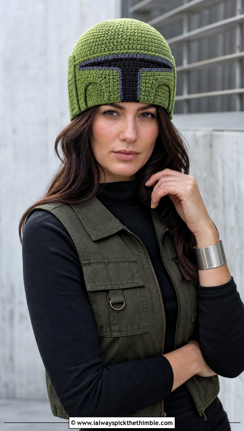 Mandalorian Helmet Crochet Hat With Cargo Pants - 15 Star Wars Crochet Hat outfit ideas