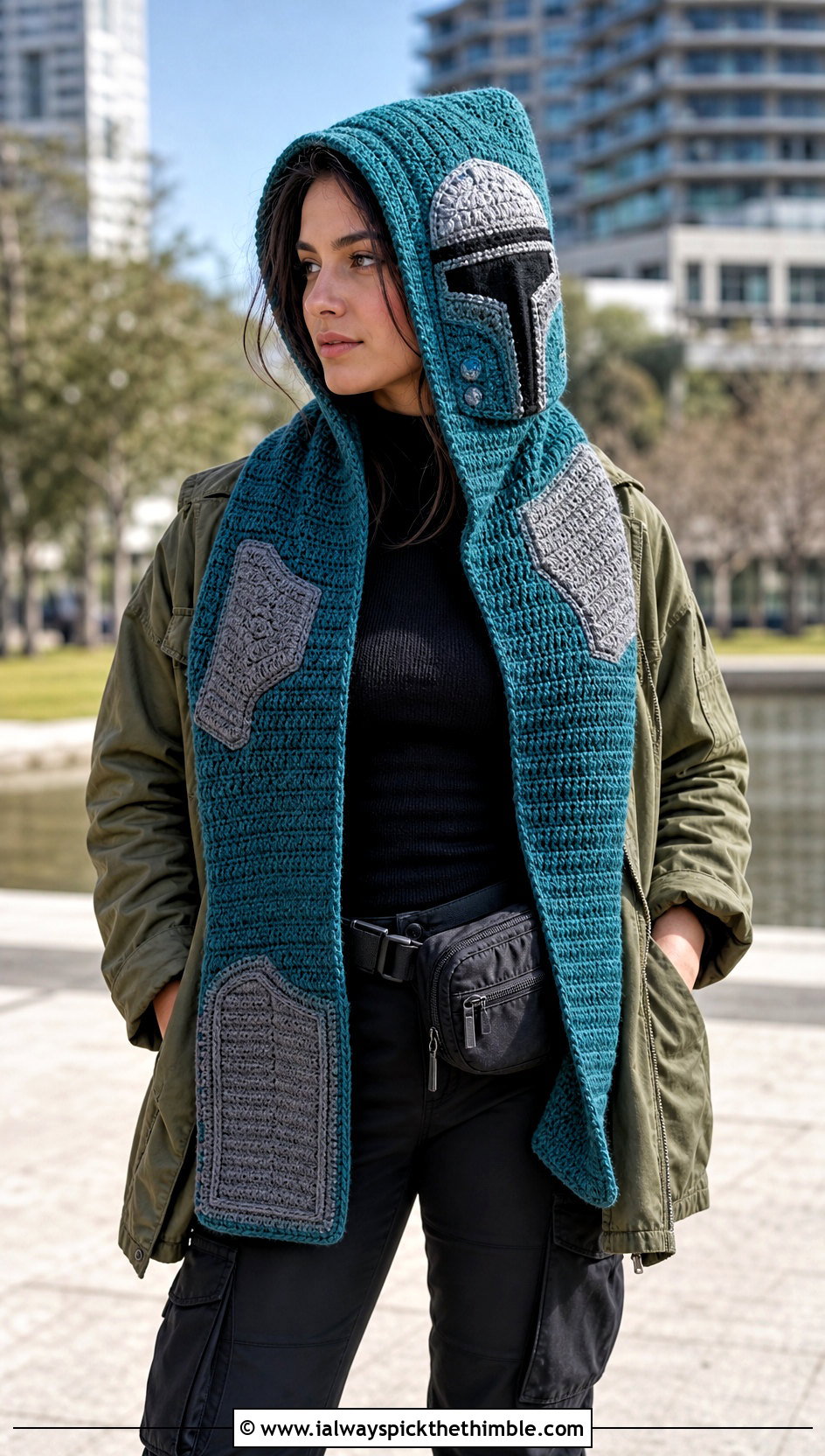 Mandalorian Hooded Scarf With Cargo Pants - 15 Crochet Star Wars Scarf outfit ideas