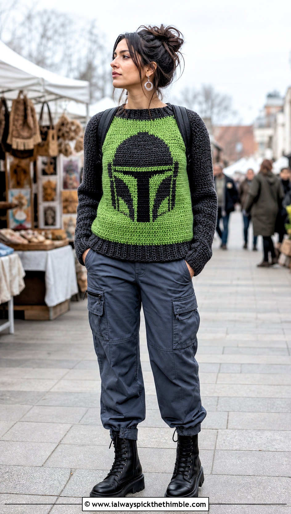 Mandalorian Raglan Crochet Sweater With Utility Pants - 20 Star Wars Crochet Sweater outfit ideas