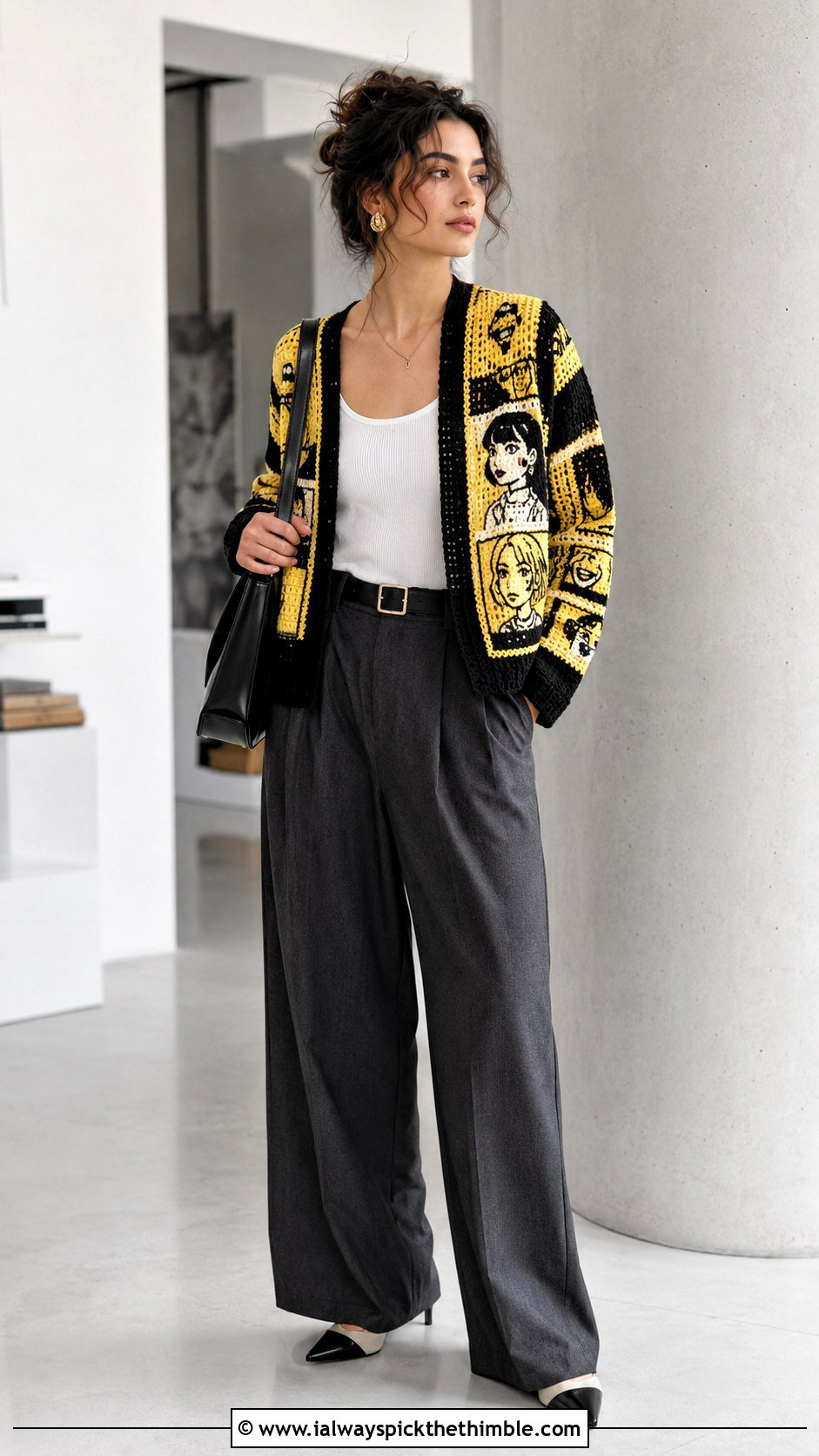 Manga Panel Crochet Cardigan With Wide Leg Trousers - 25 anime crochet clothes and outfit ideas