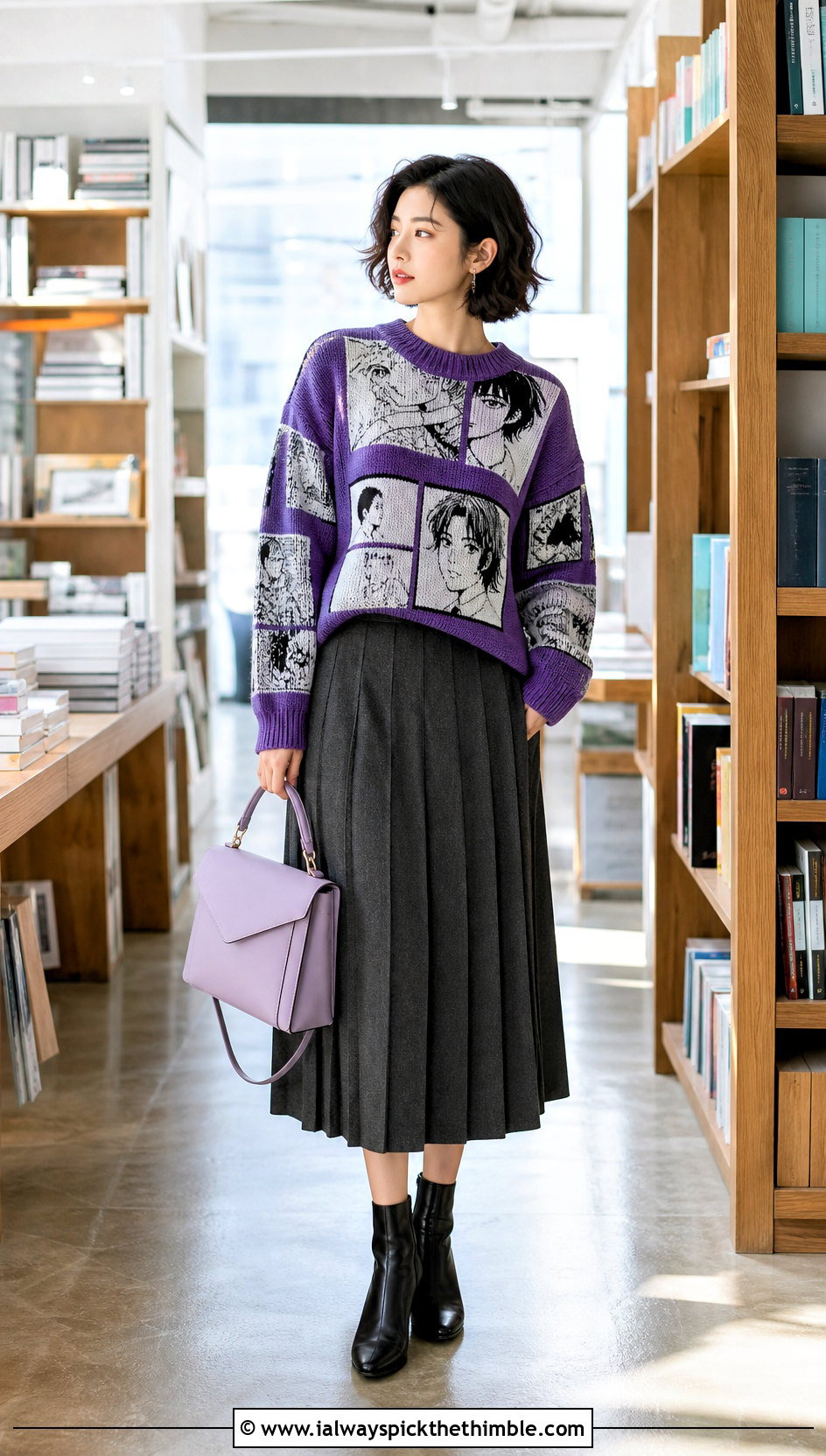 Manga Panel Tapestry Crochet Sweater With Pleated Midi Skirt - 20 Anime Crochet Sweater outfit ideas