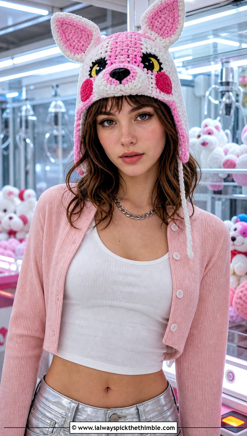 Mangle Animal Ear Beanie With Pink Cardigan And Silver Jeans - 20 fnaf crochet hat outfit ideas