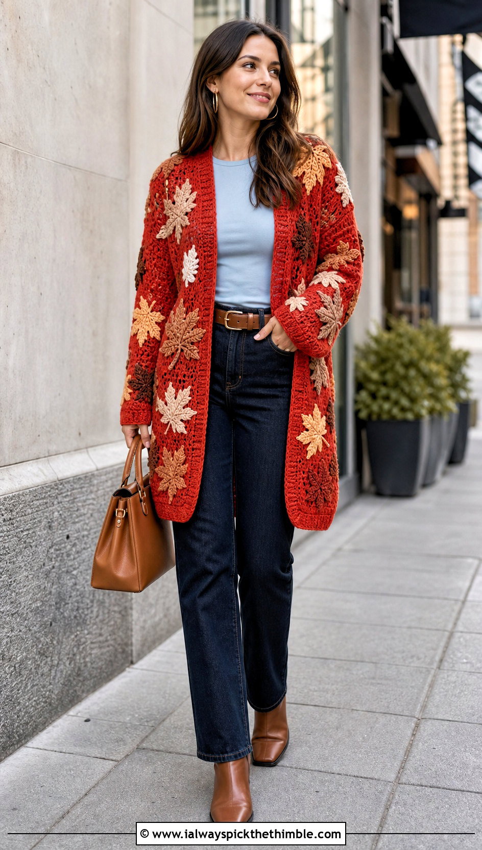 Maple Leaf Cardigan Sweater With Straight Leg Jeans - 20 crochet leaf sweater outfit ideas