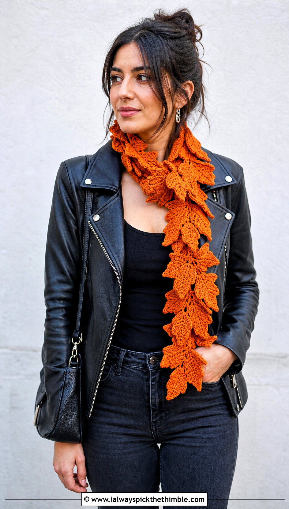 Maple Leaf Garland Scarf With Leather Jacket - 20 crochet leaf scarf outfit ideas
