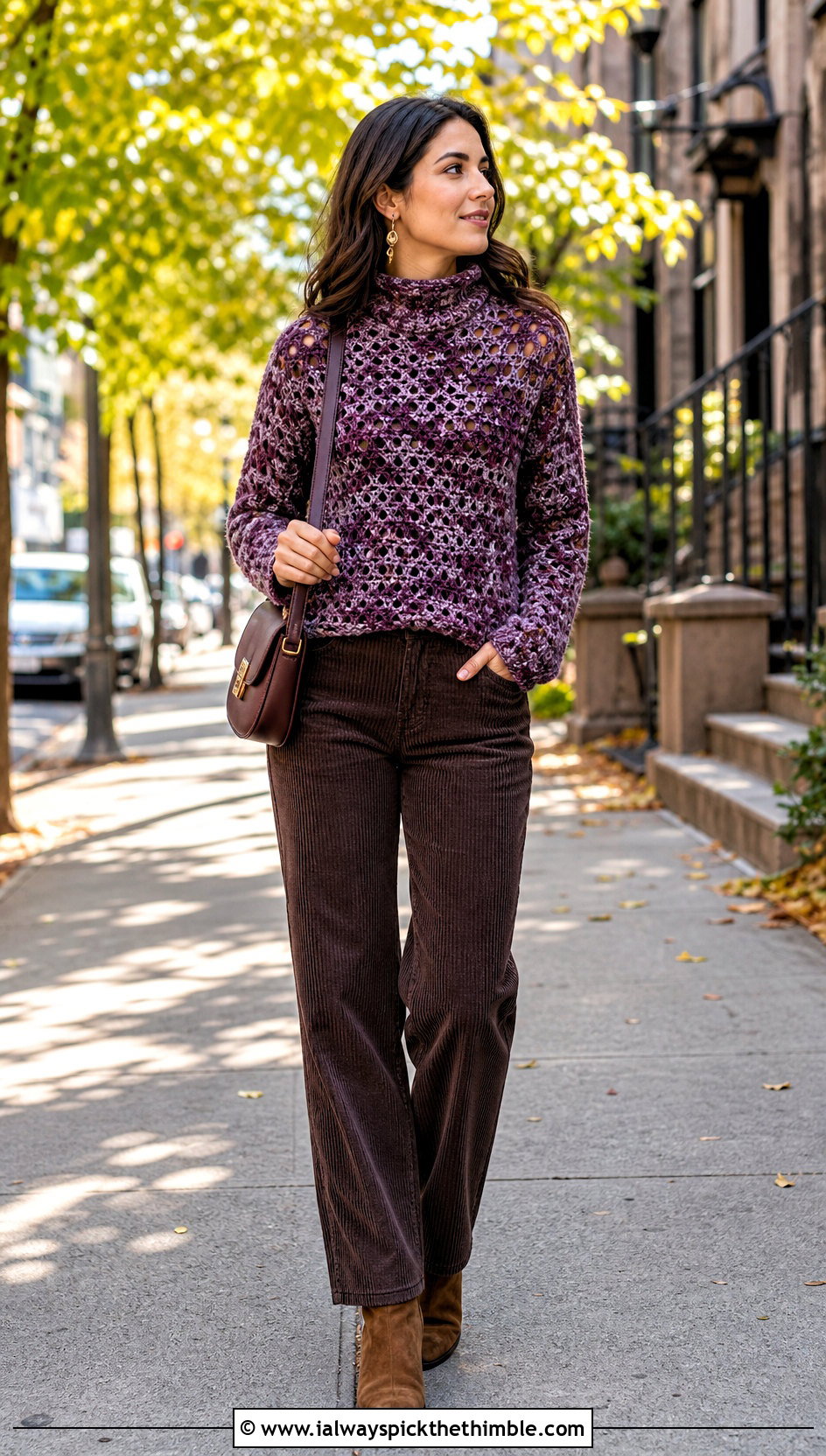 Marbled Crochet Mock Neck Top With Corduroy Pants - 25 crochet mock neck top outfit ideas