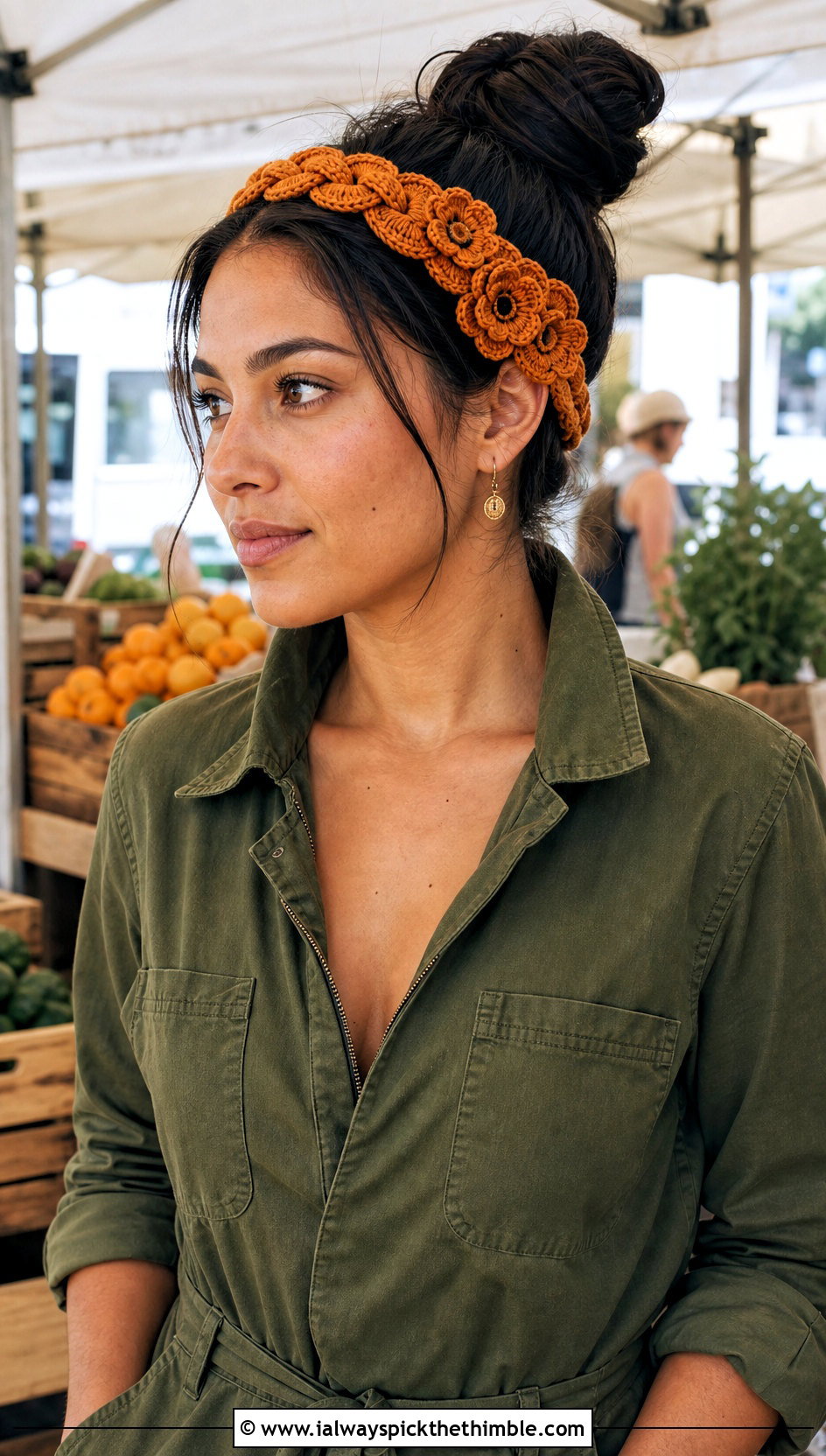 Marigold Braided Crochet Headband With Utility Jumpsuit - 25 flower crochet headband outfit ideas