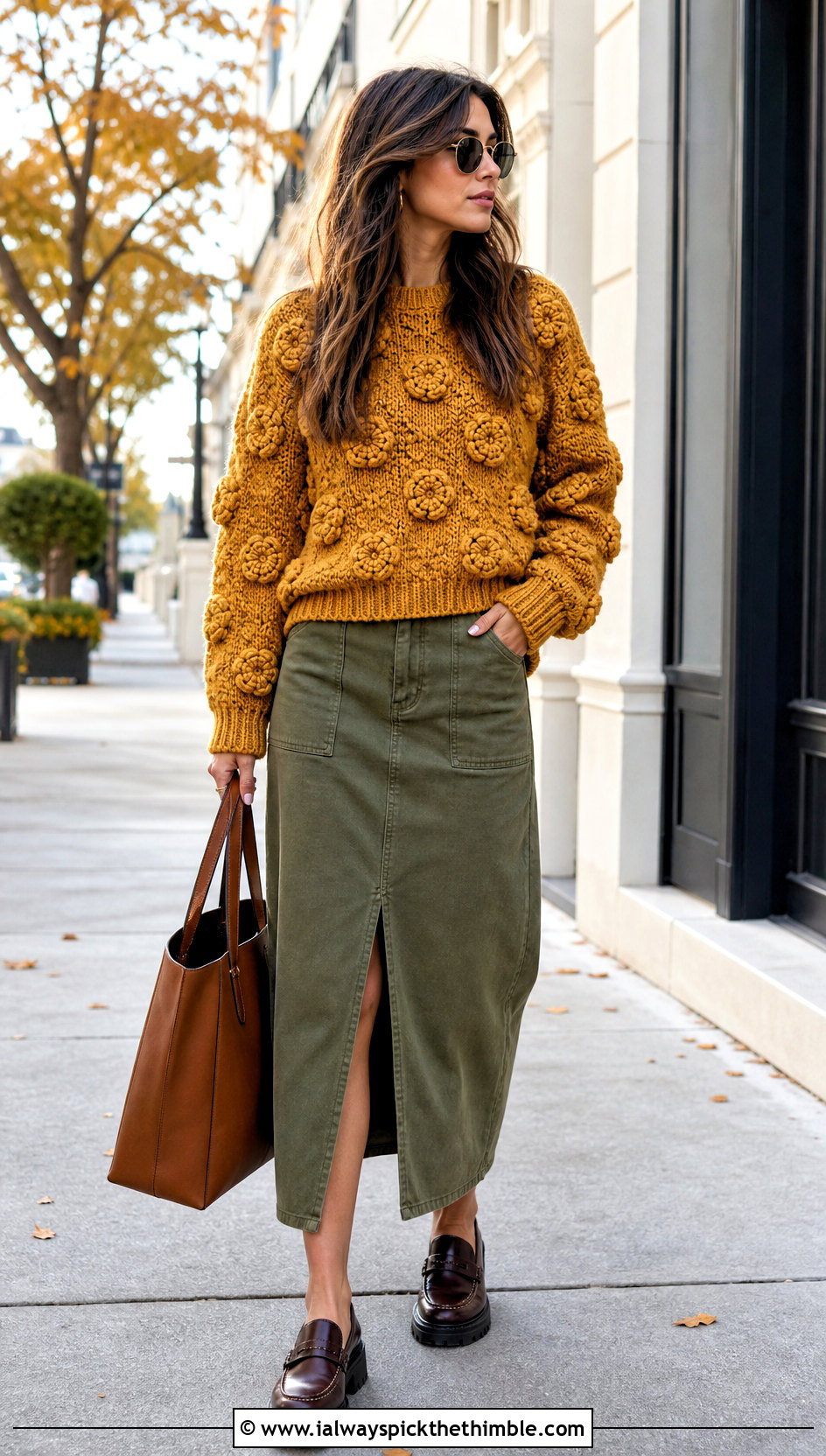 Marigold Chunky Crochet Sweater With Utility Skirt - 20 flower crochet sweater outfit ideas
