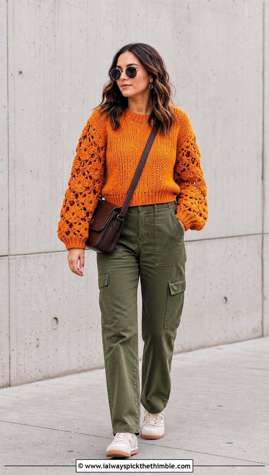 Marigold Crochet Sweater With Straight Cargo Pants - 15 Marigold Crochet Sweater outfit ideas